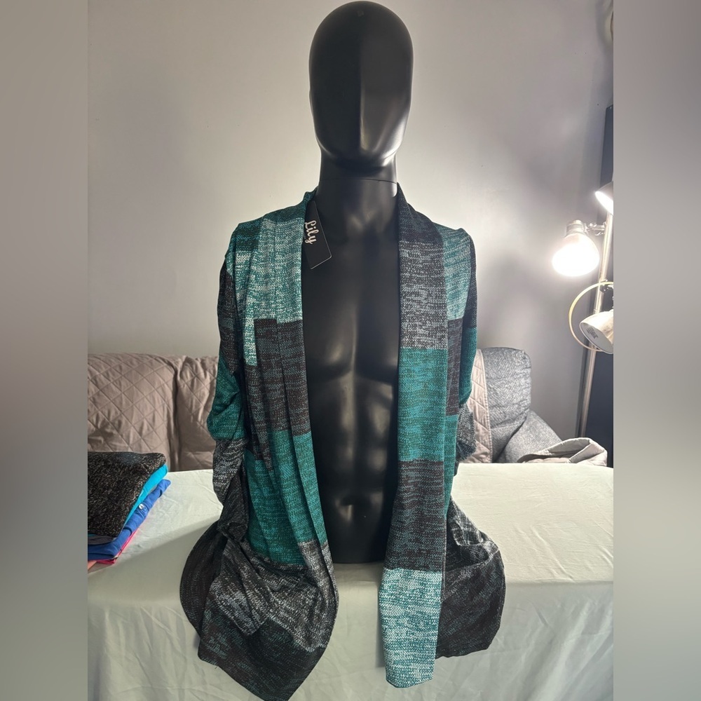 Teal and Black Women's Open Front Cardigan